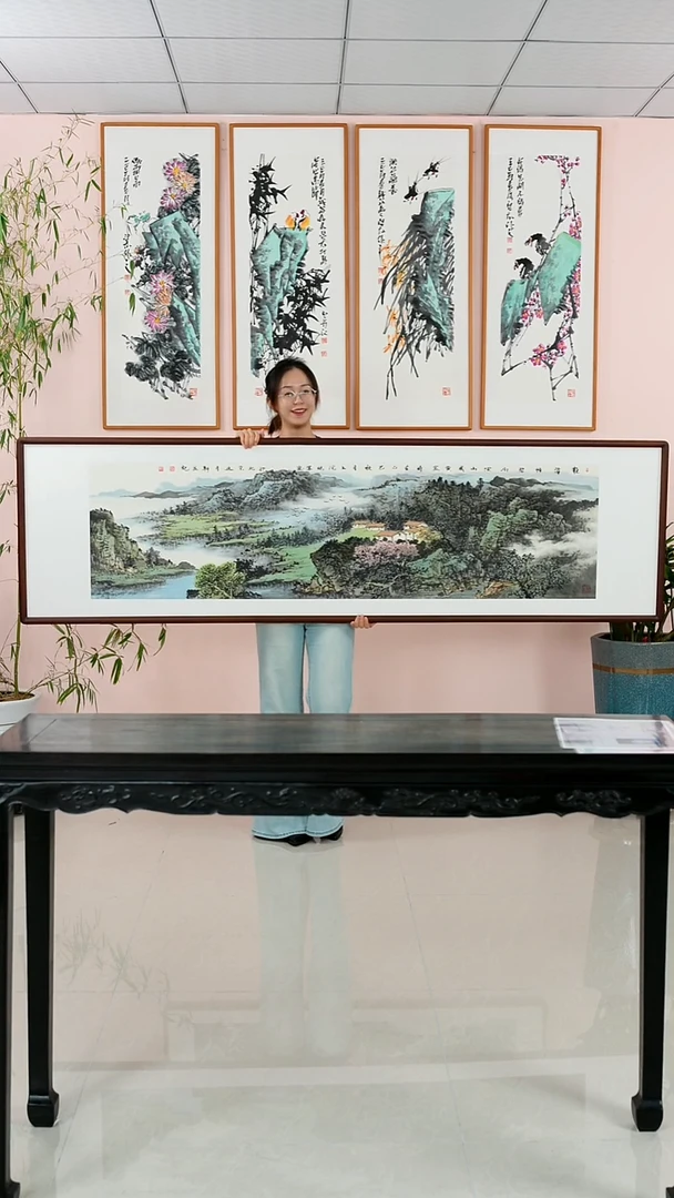 国画张现军《龙潭积碧水深山藏黄金》手绘含框223*63厘米