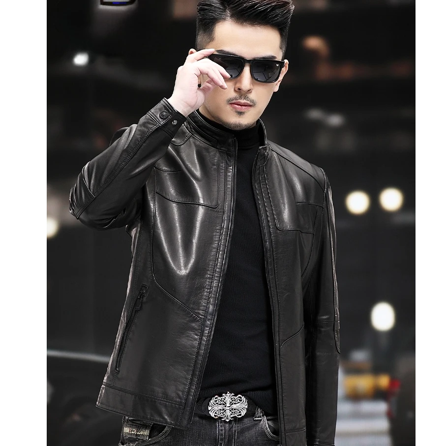 塞弗索罗温男高档小牛皮立领短款机车爸爸皮夹克春秋薄款外套潮