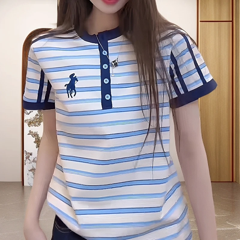 【纯棉】春游出行衣服小马刺绣撞色条纹夏新正肩百搭休闲条纹t恤女