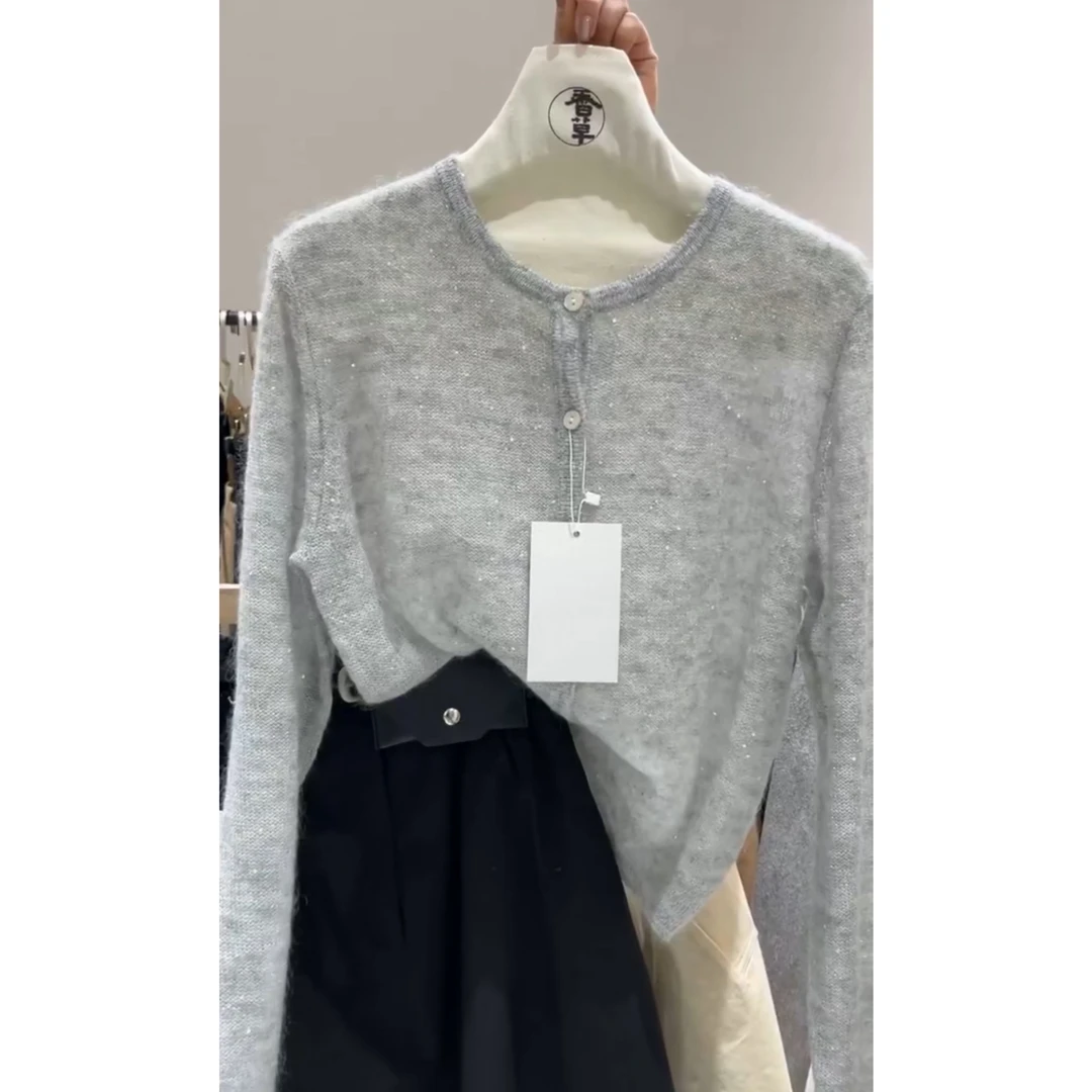 3025【烟灰亮片开衫】新款时尚气质毛衣外套宽松慵懒风上衣