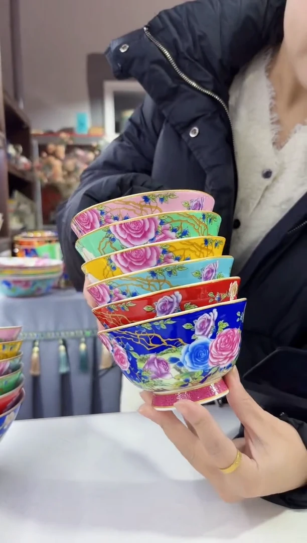 珐琅 4.7英寸花口碗6个景德镇陶瓷混色