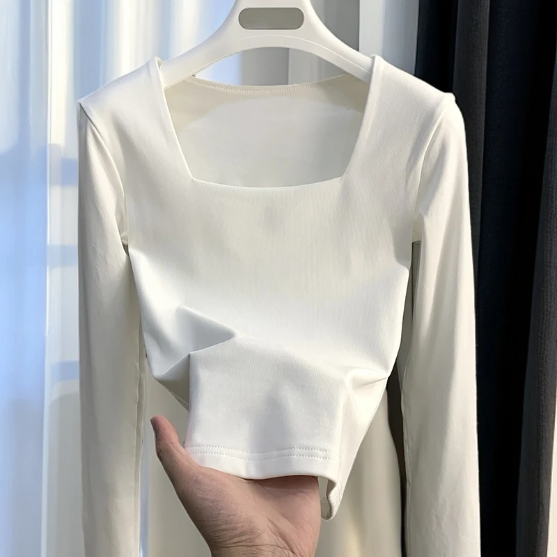 方领t恤女长袖2025春秋新款修身百搭95棉体恤白色打底衫内搭上衣