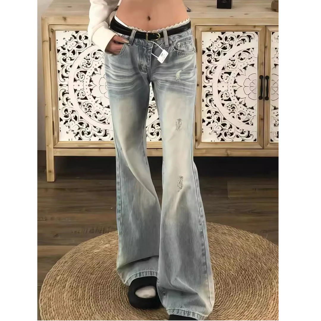 美式设计感蕾丝拼接微喇牛仔裤女夏季低腰宽松显瘦拖地喇叭长裤潮