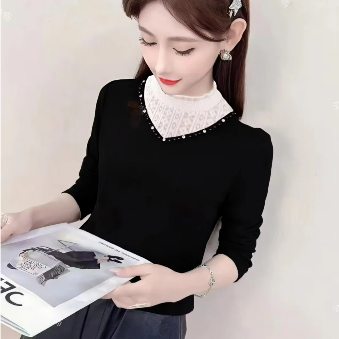 146衣长55双面绒打底衫女秋冬半高领蕾丝拼接德绒长袖T恤烫钻小衫