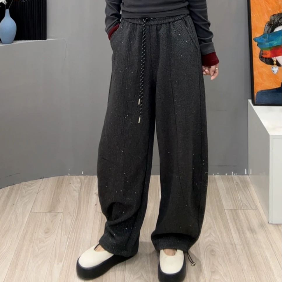 【格米】早春新款休闲裤抽绳百搭设计师秋冬黑色亮片细闪直筒弯刀裤
