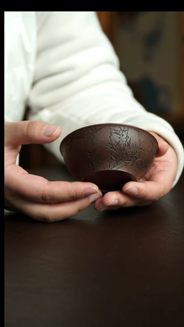 茶杯紫砂30号 李建军老师紫玉金砂竹鸟杯