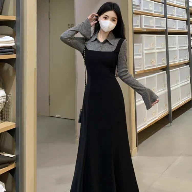 春秋胖mm法式赫本风衬衫领拼接假两件背带连衣裙收腰显瘦裙子1712