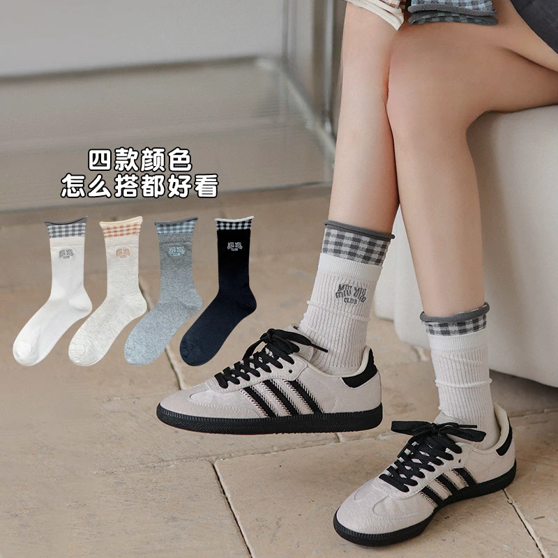 2025新款轻薄款格纹刺绣女中筒袜时尚百搭坑条堆堆袜透气舒适棉袜