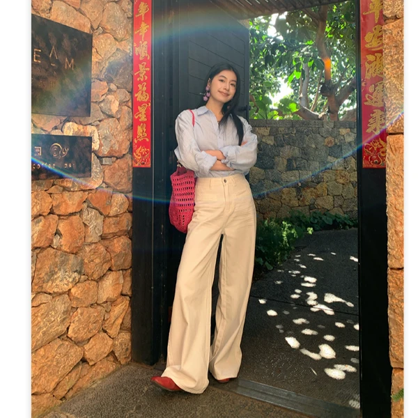 【小颖】 B2# 春夏新款 白色压皱设计高腰宽松垂感直筒拖地牛仔裤女