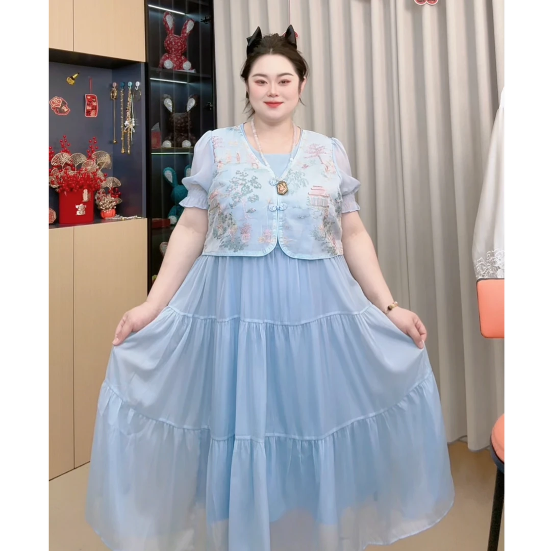 胖小旭气质连衣裙女夏款假两件马甲国风复古大方得体的裙子88336