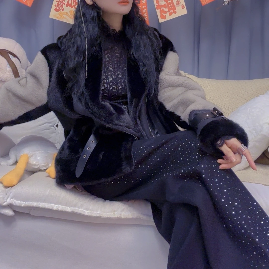 M44B008慕之淇澳洲初剪羊毛烫钻高腰阔腿休闲软糯垂感长裤