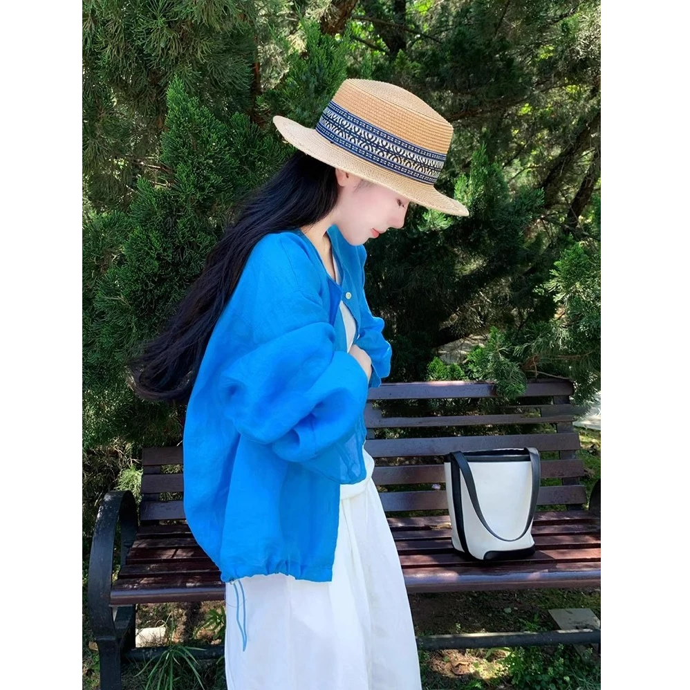 通勤薄款夏季衬衫女宽松型抽绳克莱因蓝时尚显白防晒衣小披肩上衣