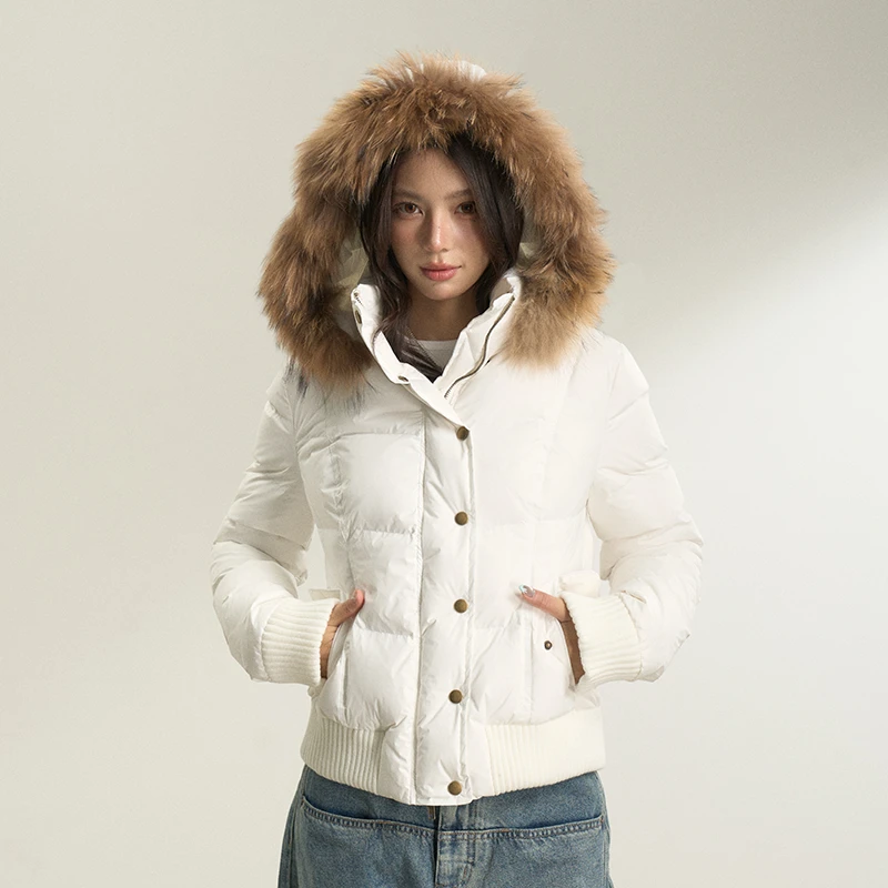 【糊涂小胡胡专属】TENPSEN原创 白色90白鸭绒连帽毛领羽绒服外套