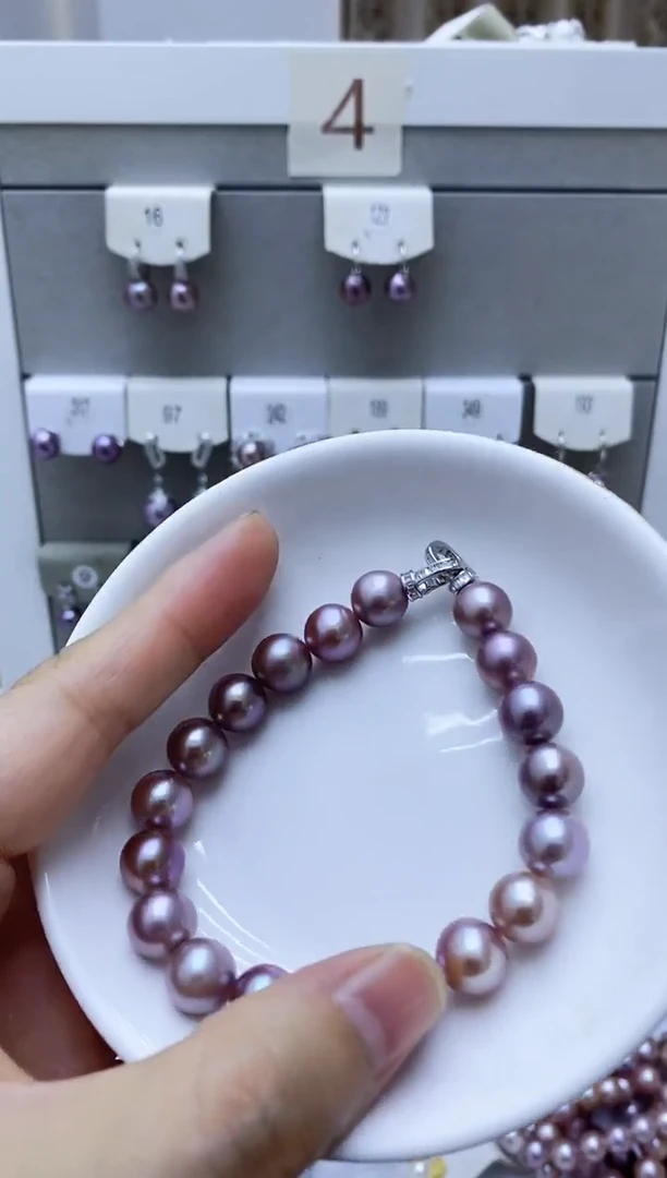 银S925镶嵌淡水珍珠耳饰紫珠手串1