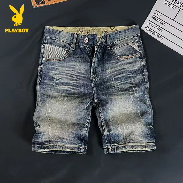 花花公子设计感牛仔短裤男新款潮流百搭多口袋修身五分裤男士中裤