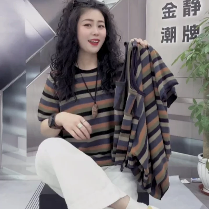 欧货夏季新款女士复古彩色条纹T恤大码胖MM时尚减龄休闲短袖上衣
