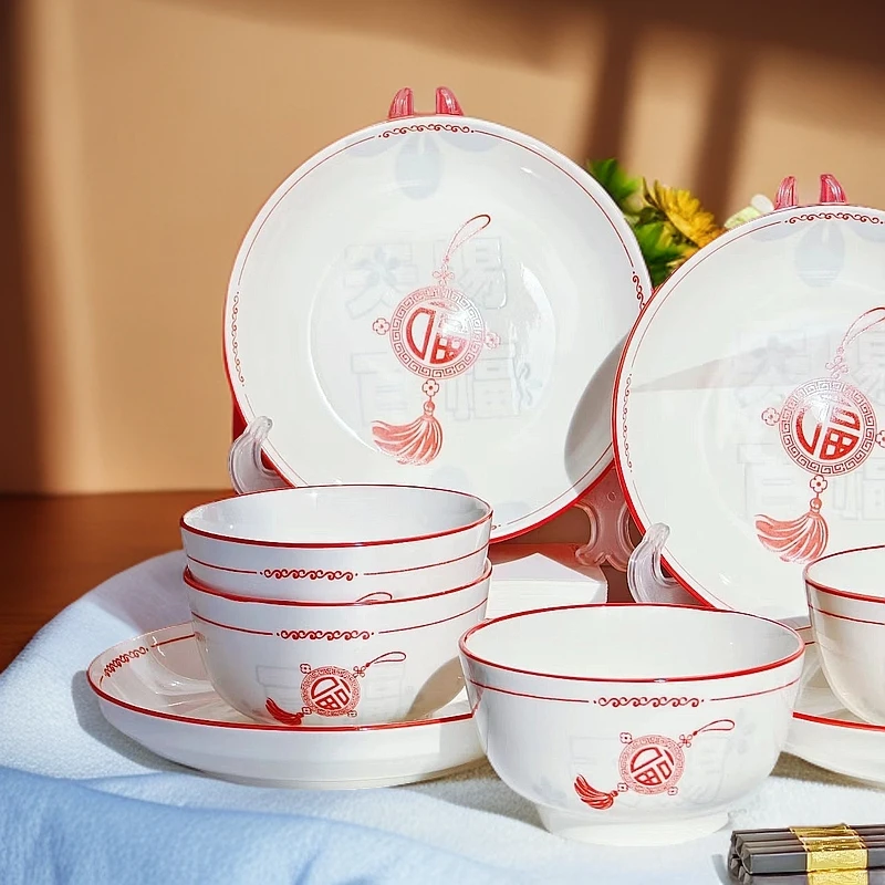 瓷县令【天赐红福】十件套新年套装新年新款加深加厚设计釉下彩