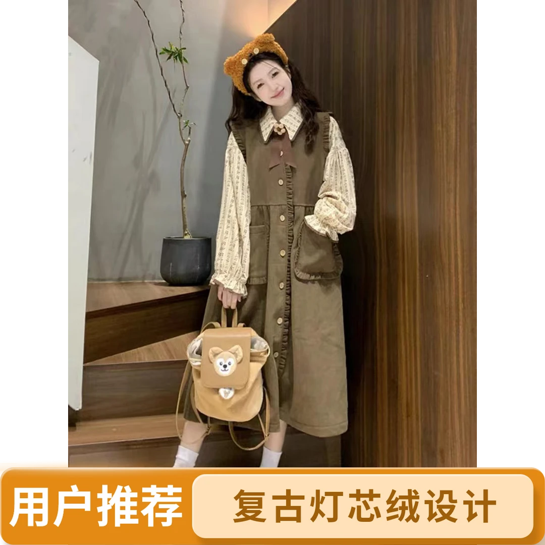 宽松腰做旧日式秋季慵懒风灯芯绒连衣裙宽松显瘦泡泡袖衬衣两件套