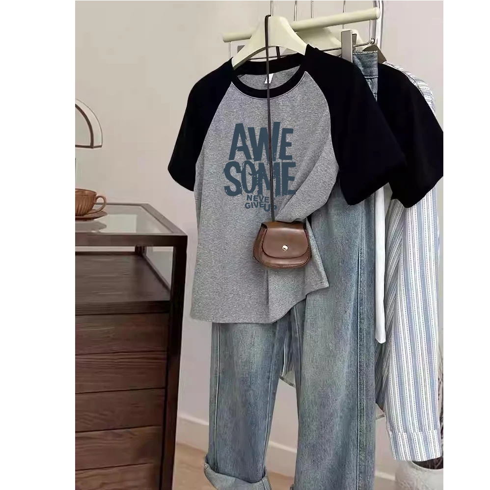 小众溜肩插色纯棉短袖t恤女打底衫2025新款今年流行爆款上衣夏季