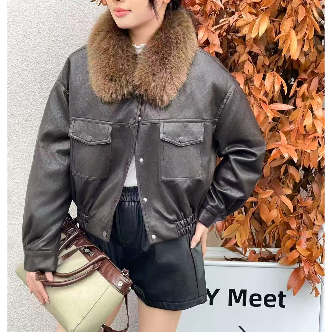 （长约51）冬季新款时尚百搭休闲短款法式夹克翻领加绒毛领皮衣9817