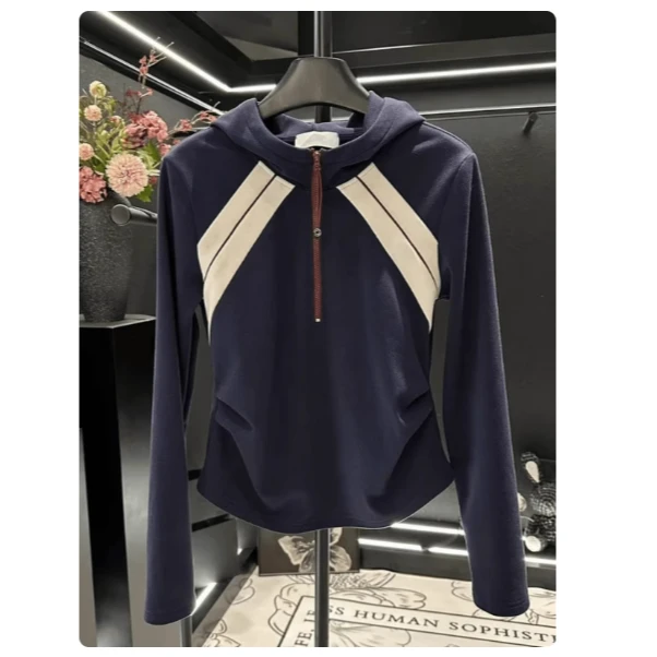 连帽插肩袖拼色短款上衣2025春季新款胖MM大码时尚显瘦百搭卫衣女