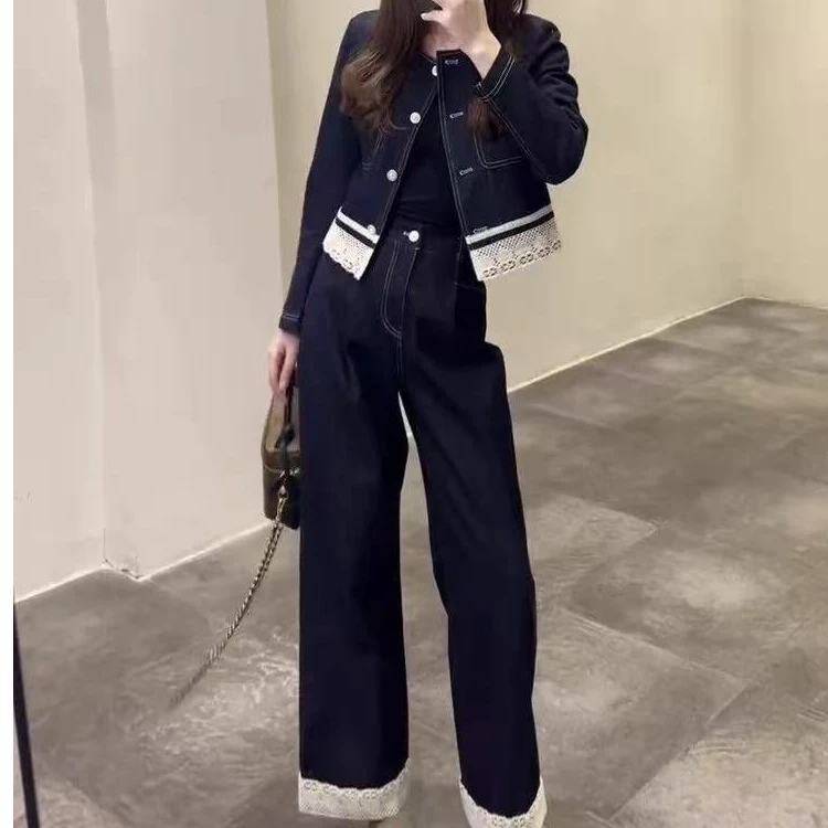 蕾丝拼接牛仔套装2025春新款软牛仔阔腿长裤两件套洋气外套上衣