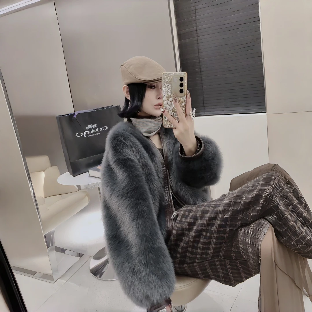 人造皮草 冬季宽松型仿皮草女休闲拼色拉链短外套女装v领短款气质