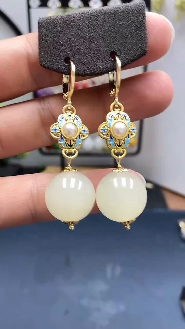 和田玉银S925镀金镶嵌耳饰尺寸16mm耳扣A2