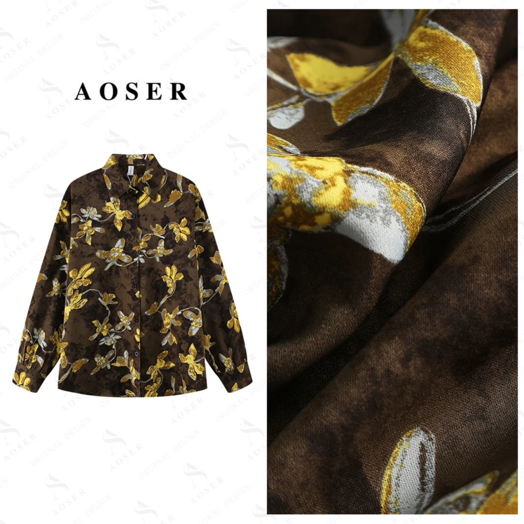 AOSER新款休闲百搭长袖复古印花咖色调衬衫花色女装衬衣479