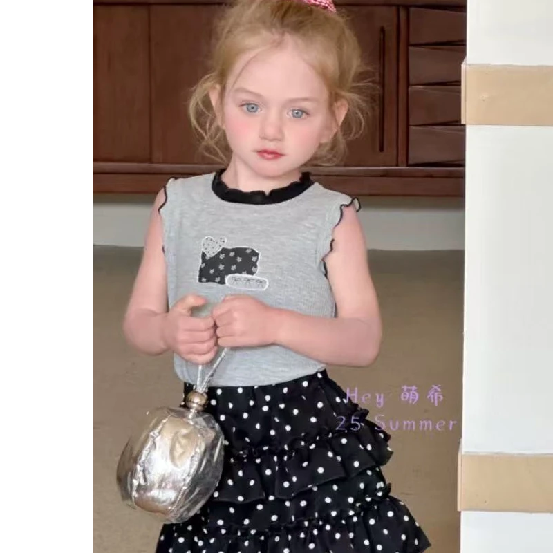 MX夏季灰色无袖上衣黑波点裙裤女童