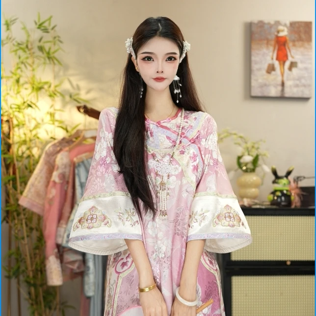 花享悦2025夏季新款中国风飘逸日常宛粉色长款连衣裙（6706）