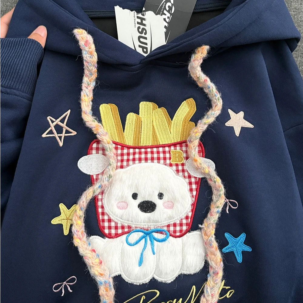 【ZHAP】刺绣毛绒薯条狗狗格纹耳朵连帽卫衣女秋冬通勤宽松加绒上衣