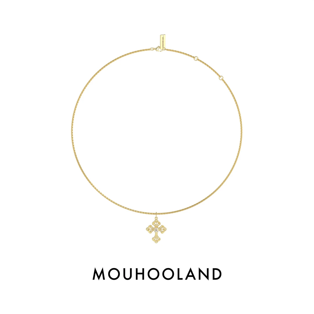 吊坠925银锆石 蕾丝十字架雕花项链手工雕刻拉丝原创设计925银