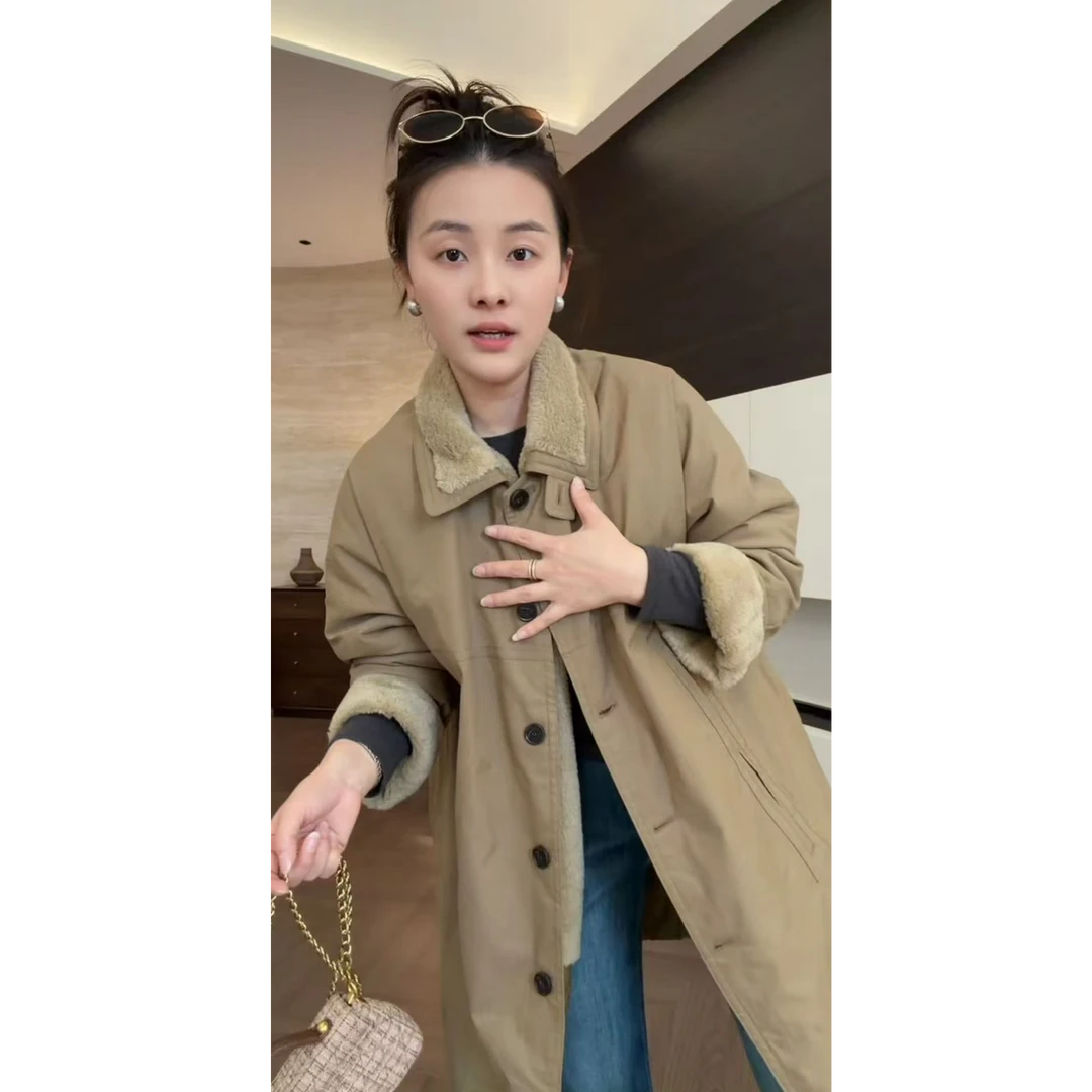 SANMI/叁米   复古翻领长款风衣下摆羽绒外套  5370