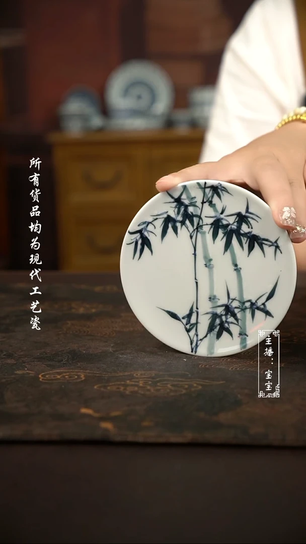 微瑕福利手绘现代高温瓷 气 雪竹杯垫9cm