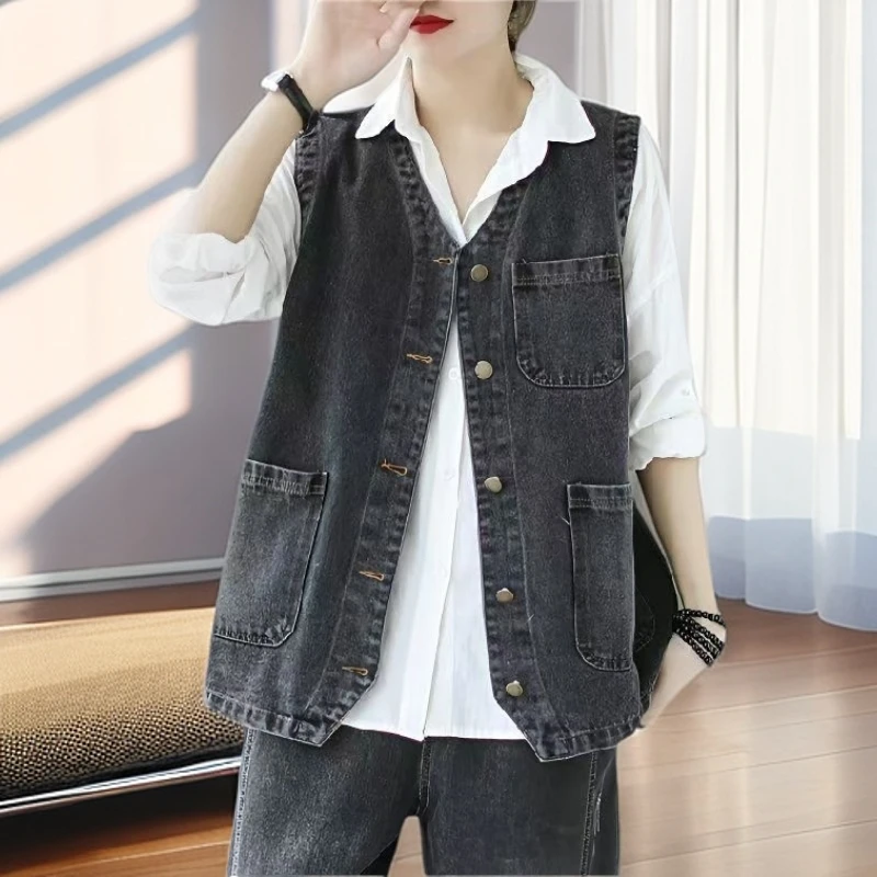 【雅岚女装】宽松春秋季大码外穿坎肩马夹背心单排扣牛仔马甲女外搭