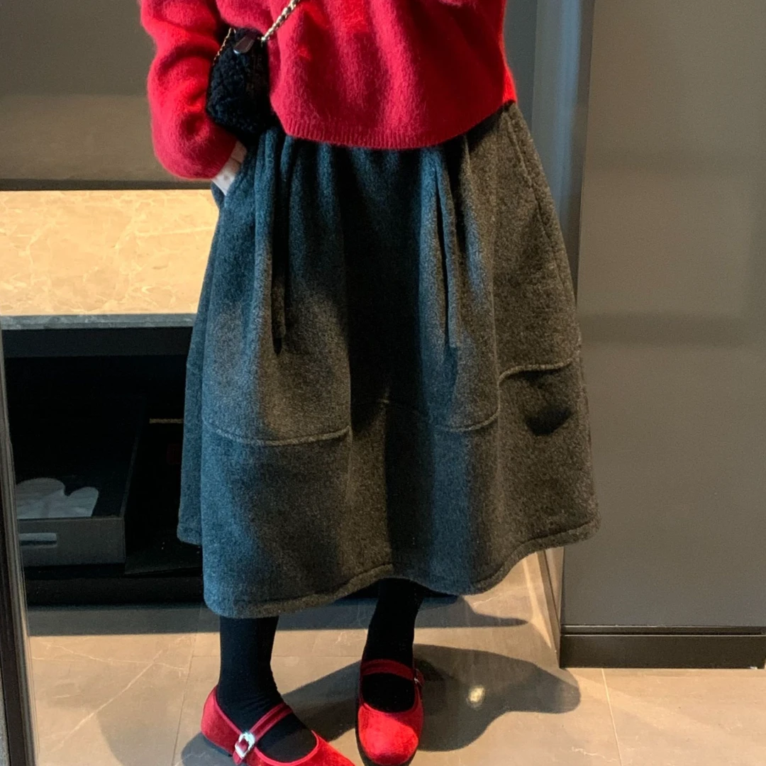 2025新款时尚复古毛呢中长裙秋冬显瘦高腰A型气质百搭蓬蓬半身裙