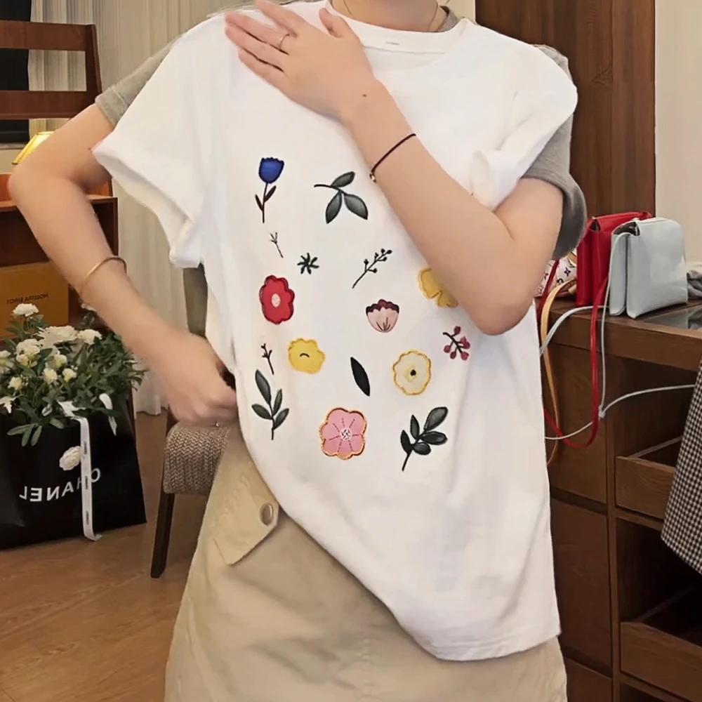 【春甜花花】2025夏季新款韩系ins刺绣正肩t恤宽松百搭短袖上衣