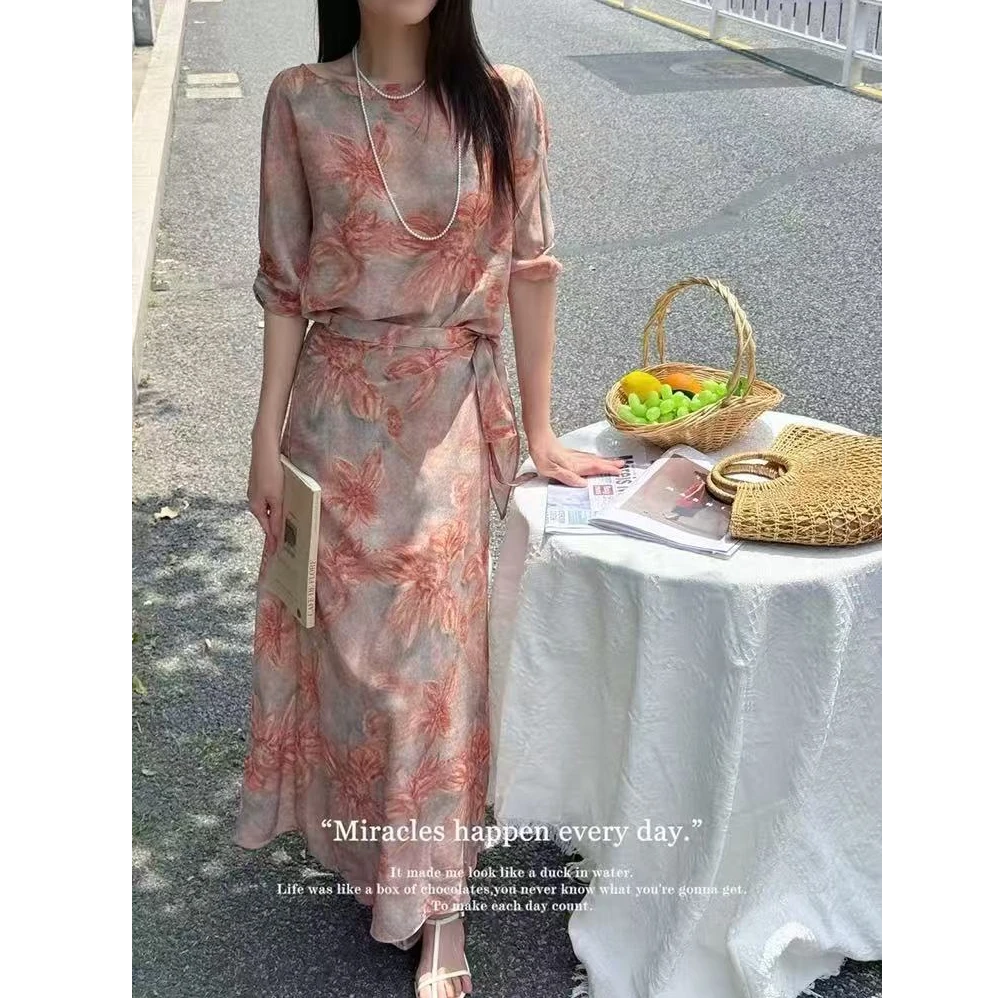 ZX6405夏装气质显瘦一片式裹裙系带连衣裙过膝长裙