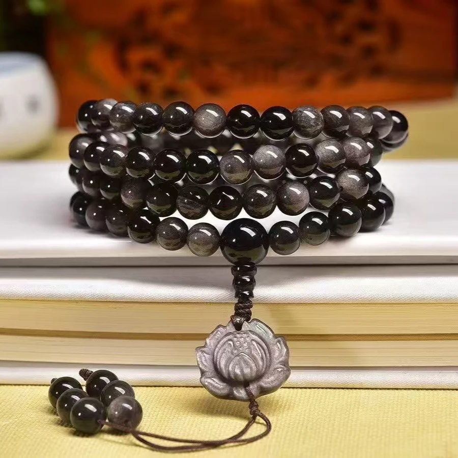 天然银曜石加雕刻莲花108颗手链水晶项链 晶体润