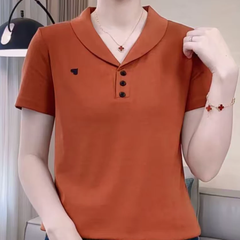 2025夏季新款女士时尚洋气减龄简约百搭刺绣设计翻领圆领套头T恤