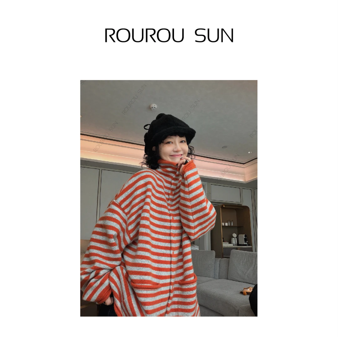 29857冬款女装慵懒风休闲百搭条纹毛衣外套女宽松针织开衫