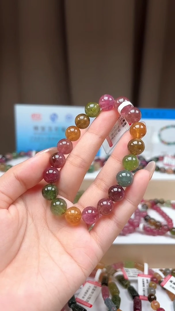 未镶嵌手串碧玺10.3mm明亮艳丽彩虹色玻璃体碧玺单圈手串