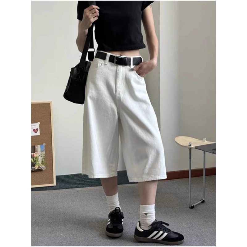 美式复古白色阔腿牛仔七分裤女夏季高腰宽松显瘦纯欲慵懒风裙子