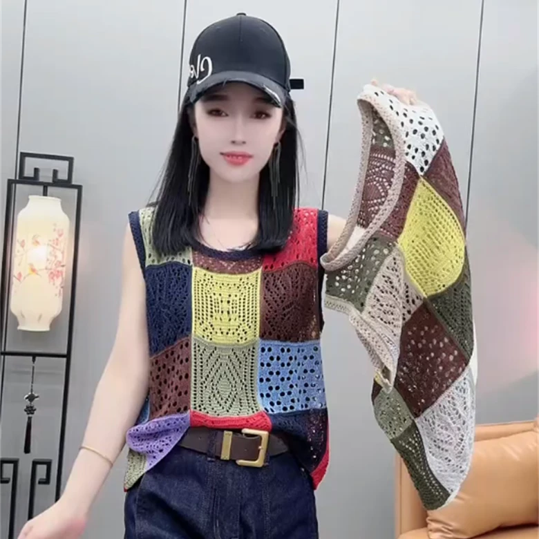 新中式圆领彩格针织背心镂空马甲女2025夏季新款洋气外穿打底上衣