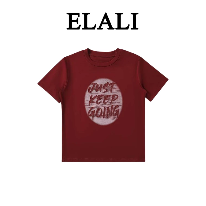 ELALI 百搭时尚夏季出游亮钻重工圆领T恤3897红