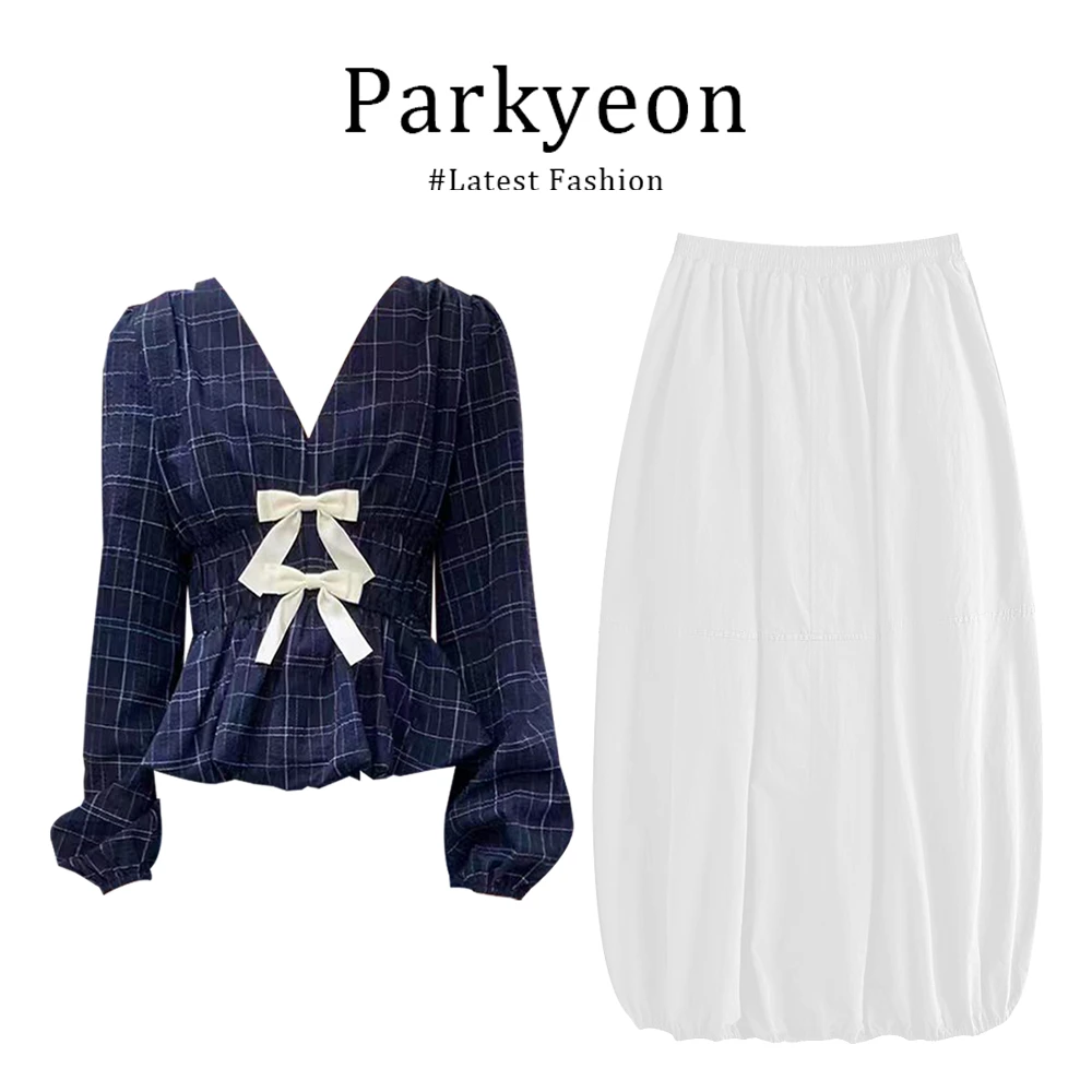 parkyeon设计感v领格纹花苞衬衫女2025早秋穿搭巨好看半身裙套装