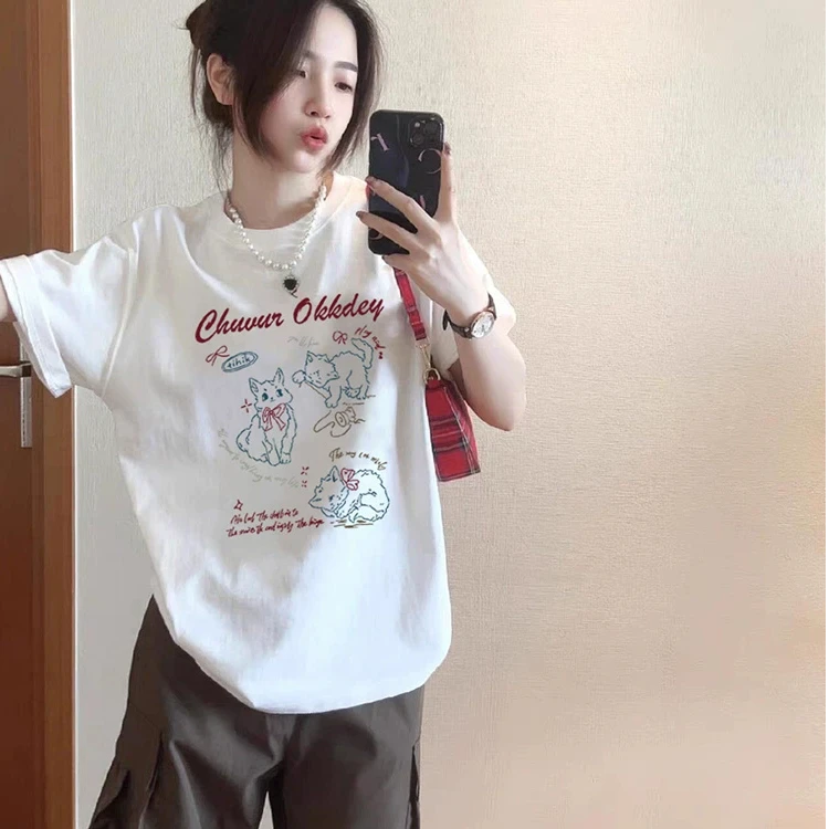 白色纯棉短袖t恤女夏季2025新款美式宽松休闲学生百搭半袖上衣ins