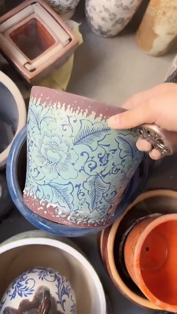 【闪购商品】陶瓷有孔花盆高16cm内口7.5cm