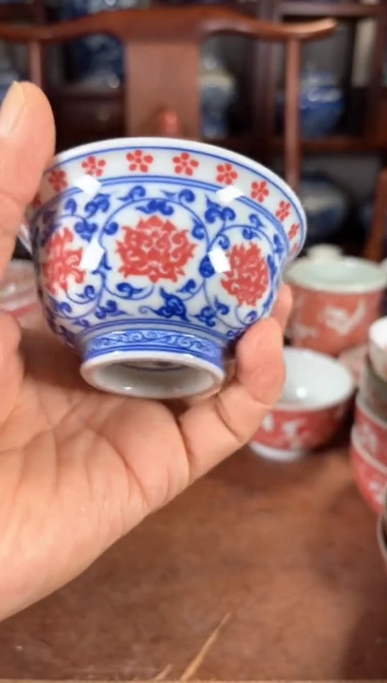 柴窑青花釉里红压手杯杯